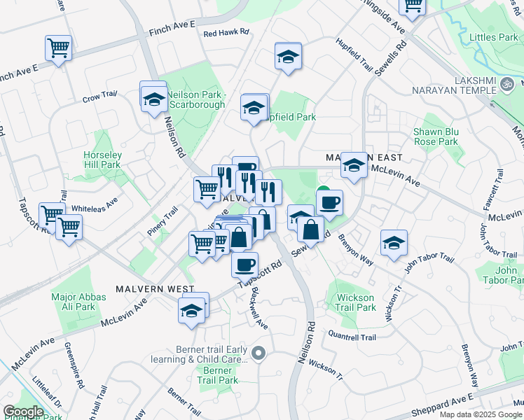 map of restaurants, bars, coffee shops, grocery stores, and more near 1355 Neilson Road in Toronto