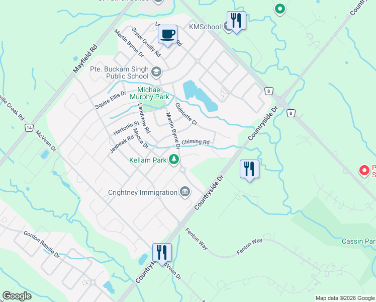 map of restaurants, bars, coffee shops, grocery stores, and more near 8 Arda Crescent in Brampton