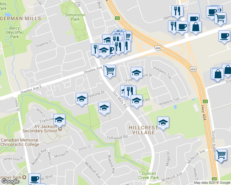 map of restaurants, bars, coffee shops, grocery stores, and more near 3921 Don Mills Road in Toronto