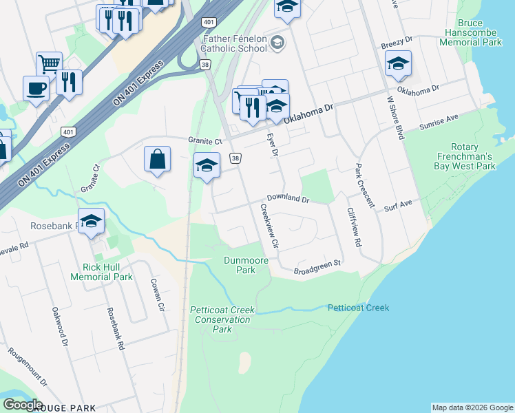 map of restaurants, bars, coffee shops, grocery stores, and more near in Pickering
