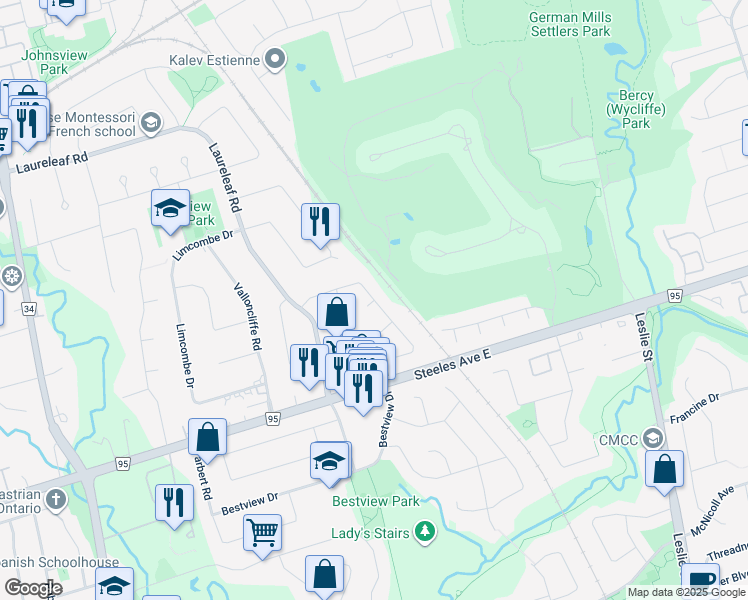 map of restaurants, bars, coffee shops, grocery stores, and more near Apricot Street in Markham
