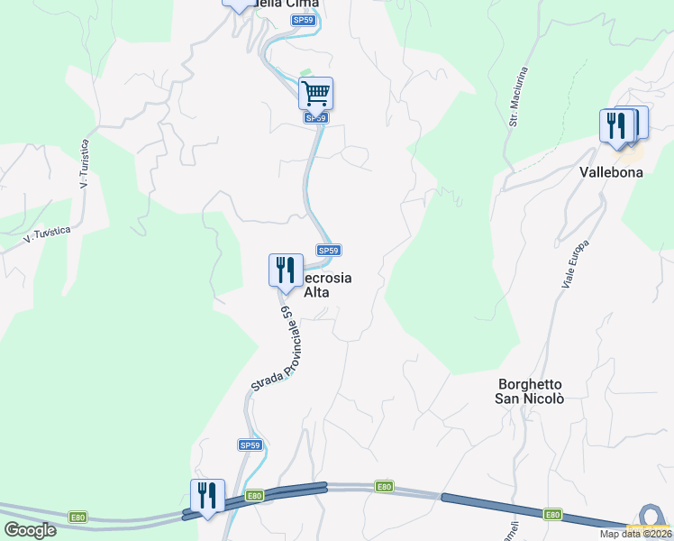 map of restaurants, bars, coffee shops, grocery stores, and more near 26 Via Soprana in Vallecrosia Alta