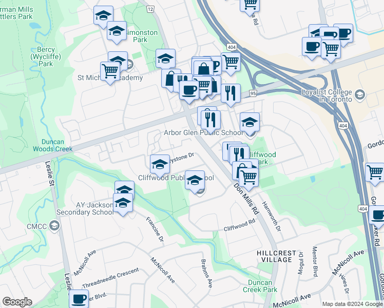 map of restaurants, bars, coffee shops, grocery stores, and more near 42 Cherrystone Drive in Toronto