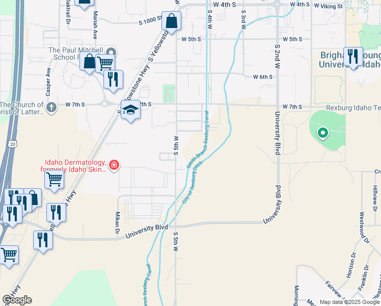 map of restaurants, bars, coffee shops, grocery stores, and more near 829 South 5th West in Rexburg