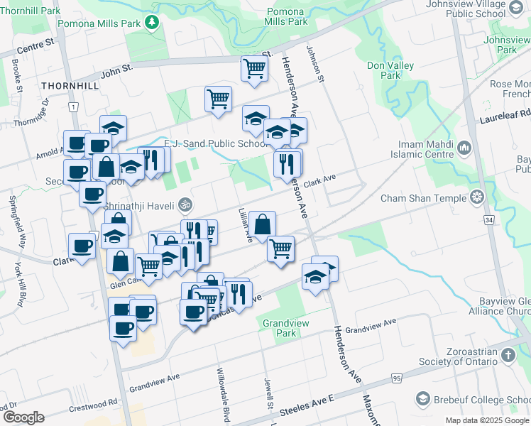 map of restaurants, bars, coffee shops, grocery stores, and more near 110 Morgan Avenue in Markham