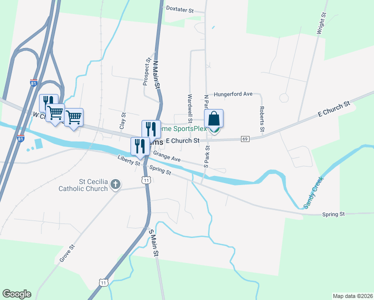 map of restaurants, bars, coffee shops, grocery stores, and more near 29 East Church Street in Adams