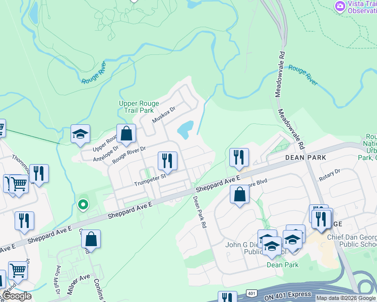 map of restaurants, bars, coffee shops, grocery stores, and more near 13 Reindeer Drive in Toronto