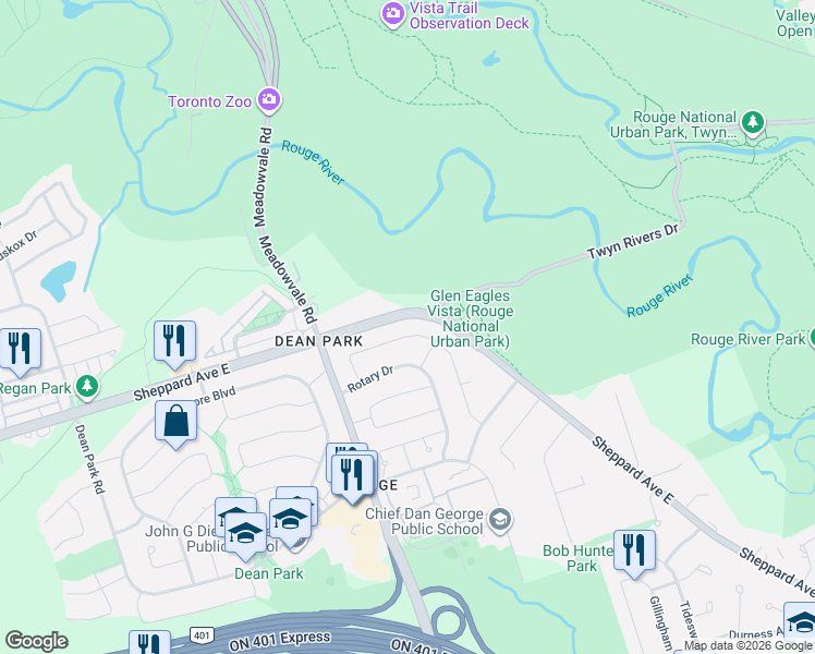 map of restaurants, bars, coffee shops, grocery stores, and more near 82 Lionhead Trail in Toronto