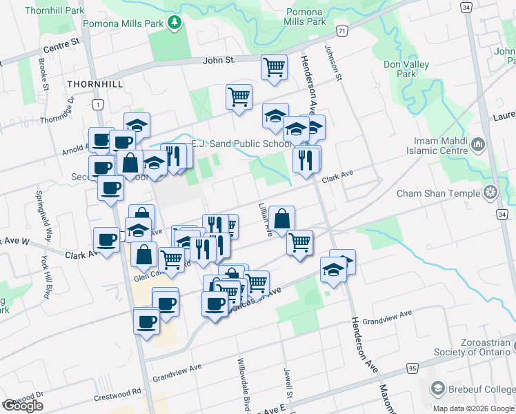 map of restaurants, bars, coffee shops, grocery stores, and more near 93 Clark Avenue in Markham