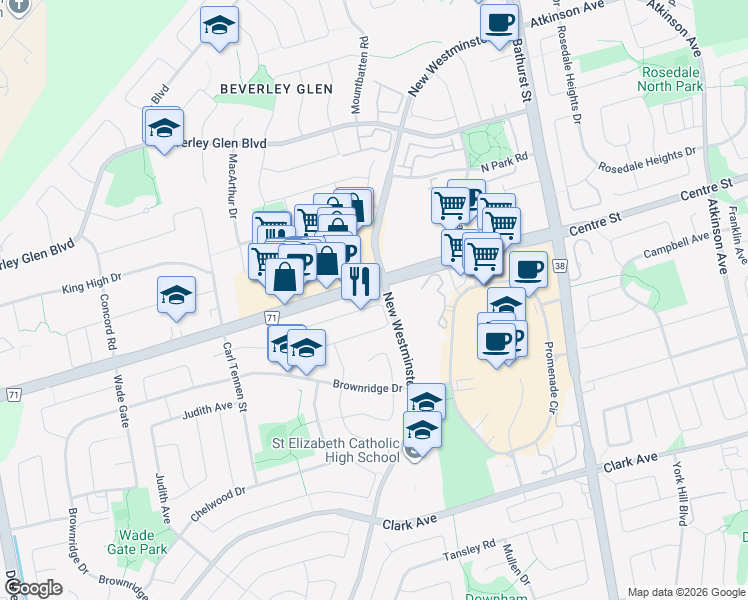 map of restaurants, bars, coffee shops, grocery stores, and more near 154 Thornway Avenue in Vaughan