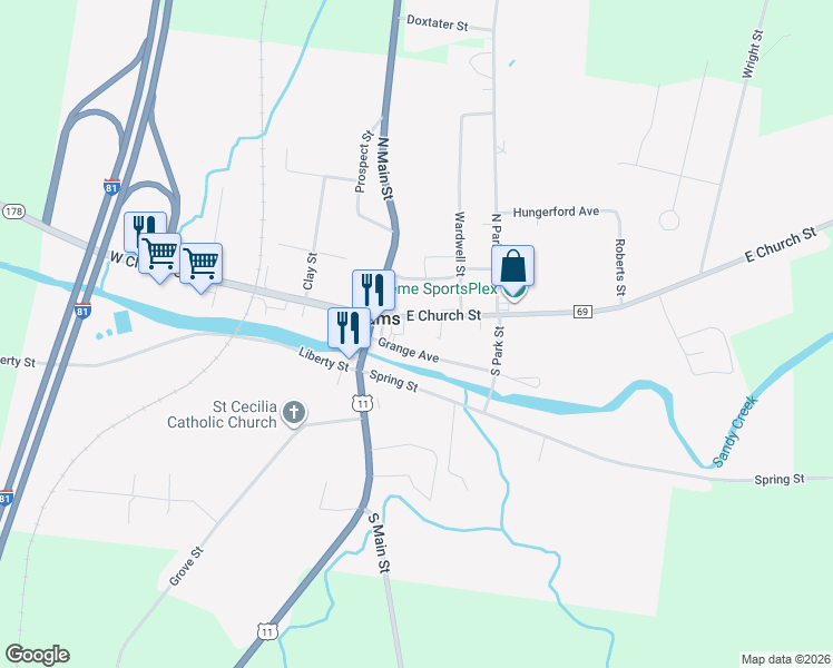 map of restaurants, bars, coffee shops, grocery stores, and more near 11 East Church Street in Adams