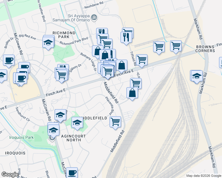 map of restaurants, bars, coffee shops, grocery stores, and more near in Toronto