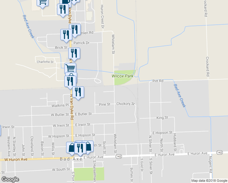 map of restaurants, bars, coffee shops, grocery stores, and more near 498 Cedar Street in Bad Axe