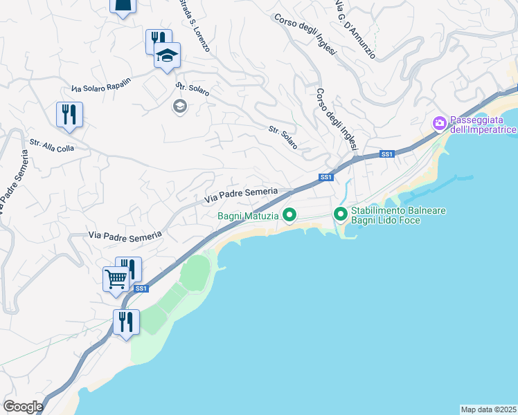 map of restaurants, bars, coffee shops, grocery stores, and more near 48 Corso Guglielmo Marconi in Sanremo