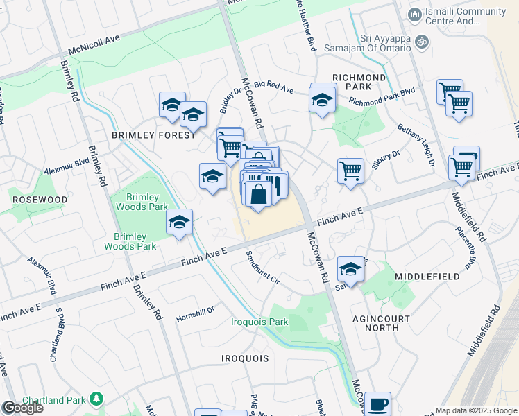 map of restaurants, bars, coffee shops, grocery stores, and more near 1571 Sandhurst Circle in Toronto