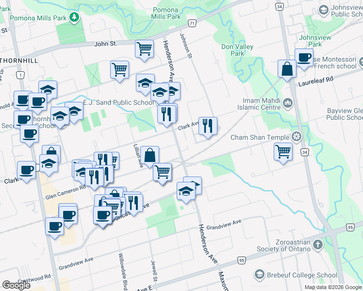 map of restaurants, bars, coffee shops, grocery stores, and more near 119 Henderson Avenue in Markham