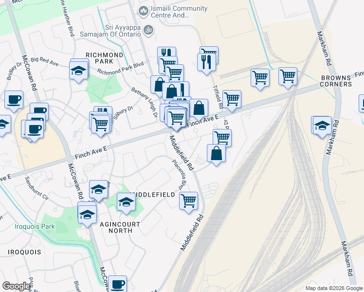 map of restaurants, bars, coffee shops, grocery stores, and more near in Toronto