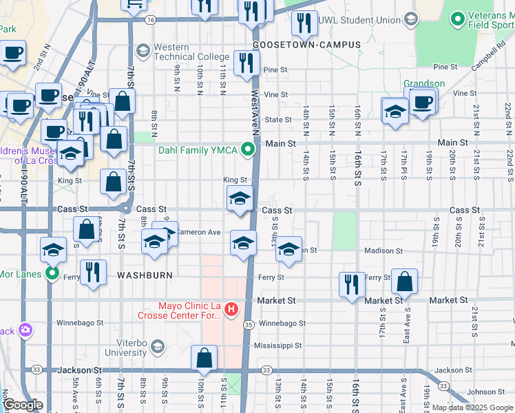 map of restaurants, bars, coffee shops, grocery stores, and more near 1213 Cass Street in La Crosse