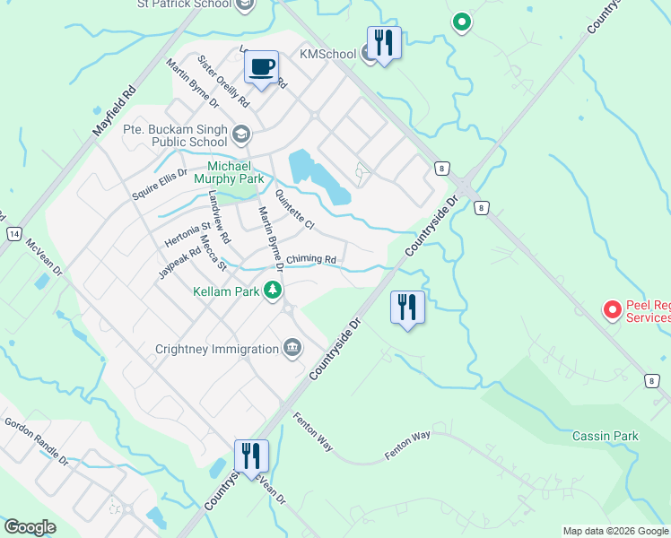 map of restaurants, bars, coffee shops, grocery stores, and more near 23 Chiming Road in Brampton