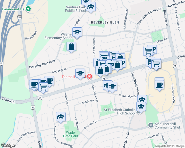 map of restaurants, bars, coffee shops, grocery stores, and more near 27 Vaughan Boulevard in Vaughan
