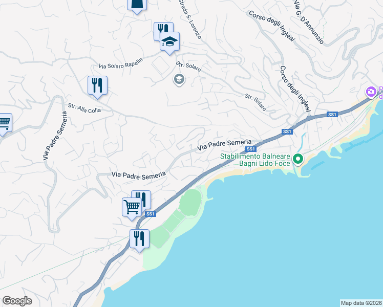 map of restaurants, bars, coffee shops, grocery stores, and more near 87 Via Padre Semeria in Sanremo