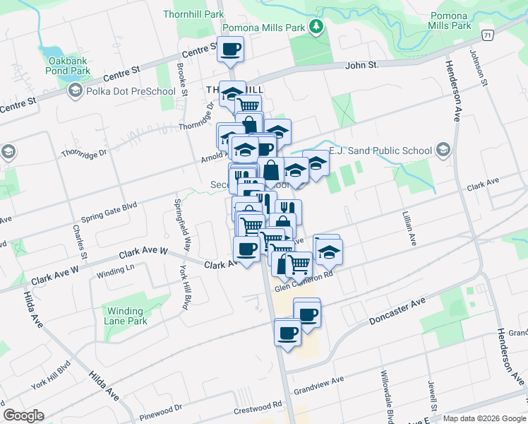 map of restaurants, bars, coffee shops, grocery stores, and more near 7451 Yonge Street in Markham
