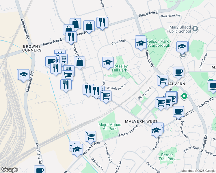 map of restaurants, bars, coffee shops, grocery stores, and more near 8 Whiteleas Avenue in Toronto
