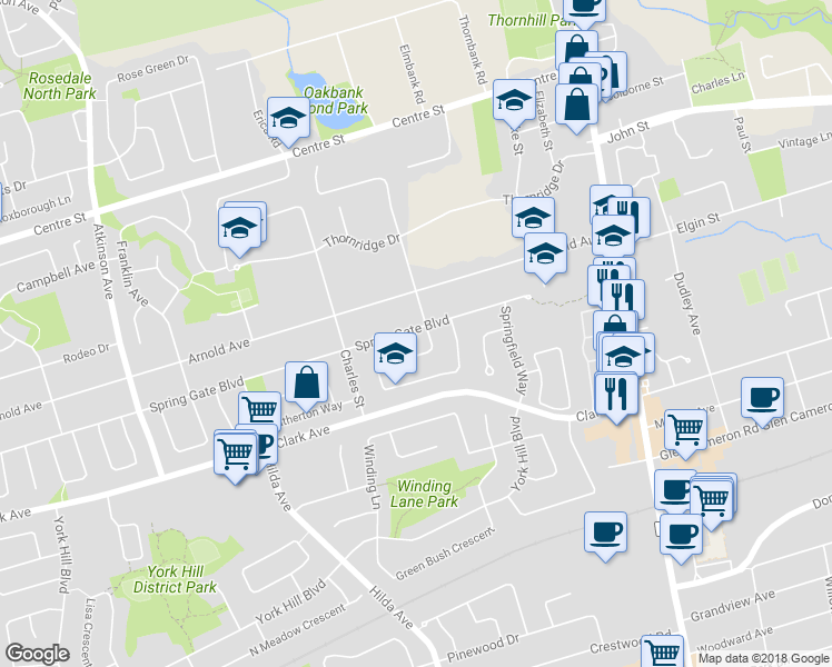 map of restaurants, bars, coffee shops, grocery stores, and more near 121 Spring Gate Boulevard in Vaughan
