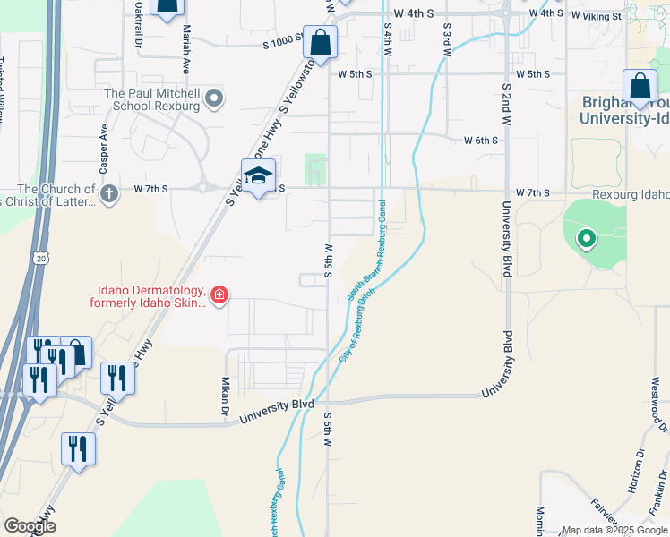 map of restaurants, bars, coffee shops, grocery stores, and more near 829 South 5th West in Rexburg