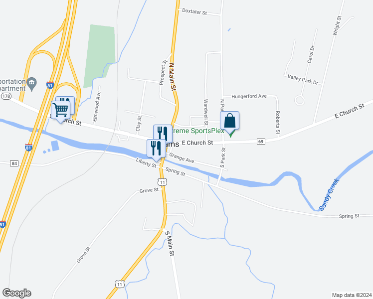 map of restaurants, bars, coffee shops, grocery stores, and more near 11 East Church Street in Adams