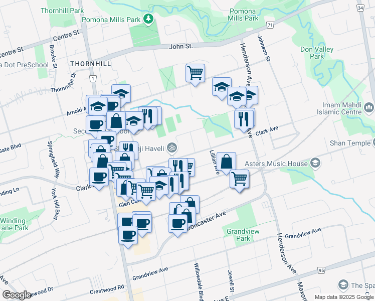 map of restaurants, bars, coffee shops, grocery stores, and more near 72 Clark Avenue in Markham