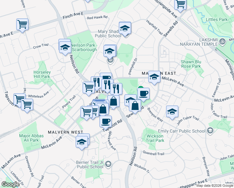 map of restaurants, bars, coffee shops, grocery stores, and more near 1357 Neilson Road in Toronto