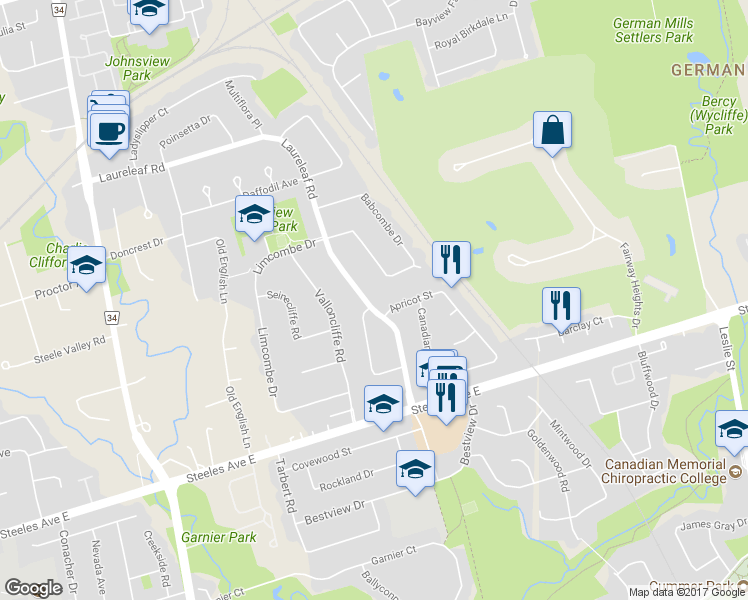 map of restaurants, bars, coffee shops, grocery stores, and more near 21 Laureleaf Road in Markham