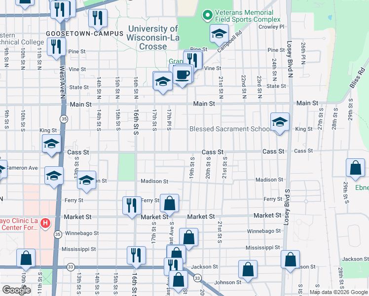map of restaurants, bars, coffee shops, grocery stores, and more near 1815 Cass Street in La Crosse