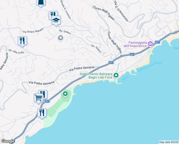 map of restaurants, bars, coffee shops, grocery stores, and more near 48 Corso Guglielmo Marconi in Sanremo