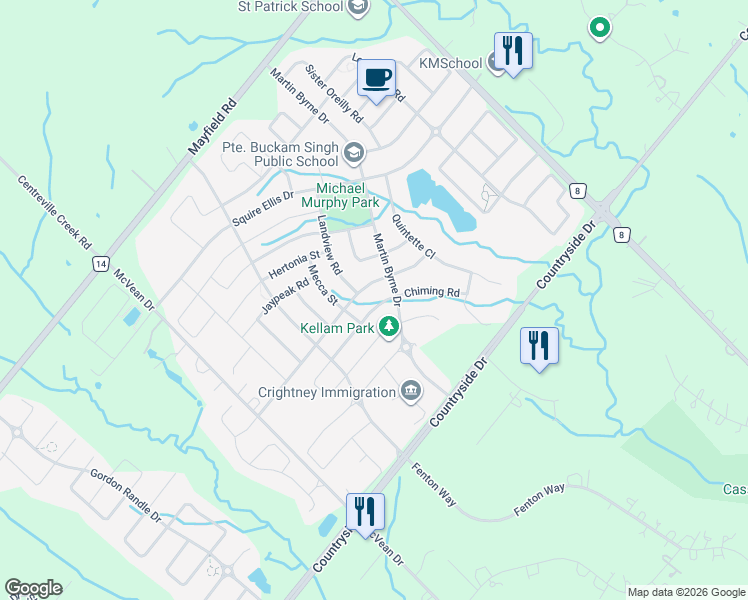 map of restaurants, bars, coffee shops, grocery stores, and more near 8 Elderbridge Road in Brampton