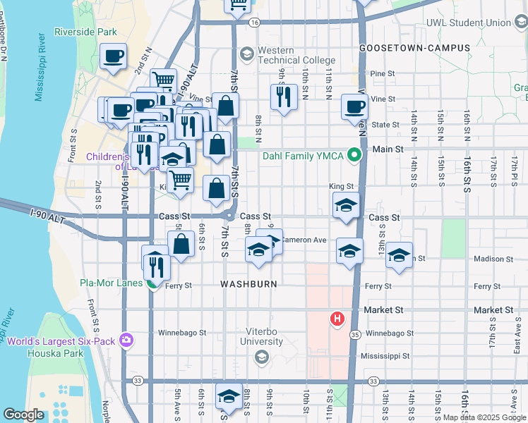 map of restaurants, bars, coffee shops, grocery stores, and more near 239 8th Street South in La Crosse