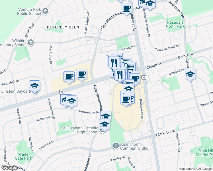 map of restaurants, bars, coffee shops, grocery stores, and more near 120 Promenade Circle in Vaughan
