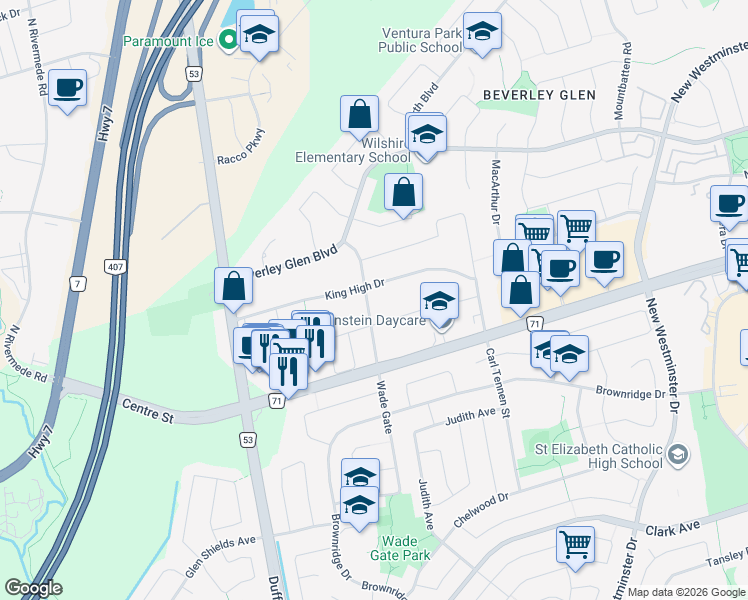 map of restaurants, bars, coffee shops, grocery stores, and more near 101 King High Drive in Vaughan