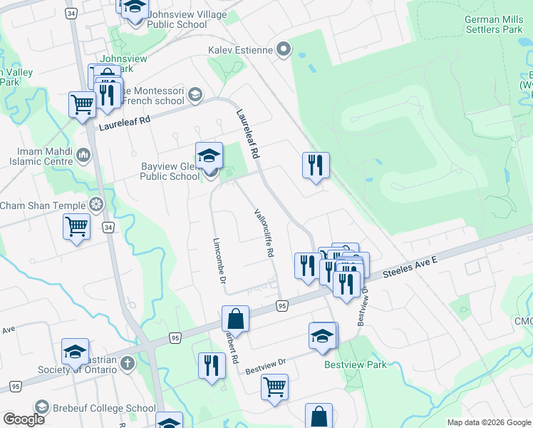 map of restaurants, bars, coffee shops, grocery stores, and more near 23 Valloncliffe Road in Markham