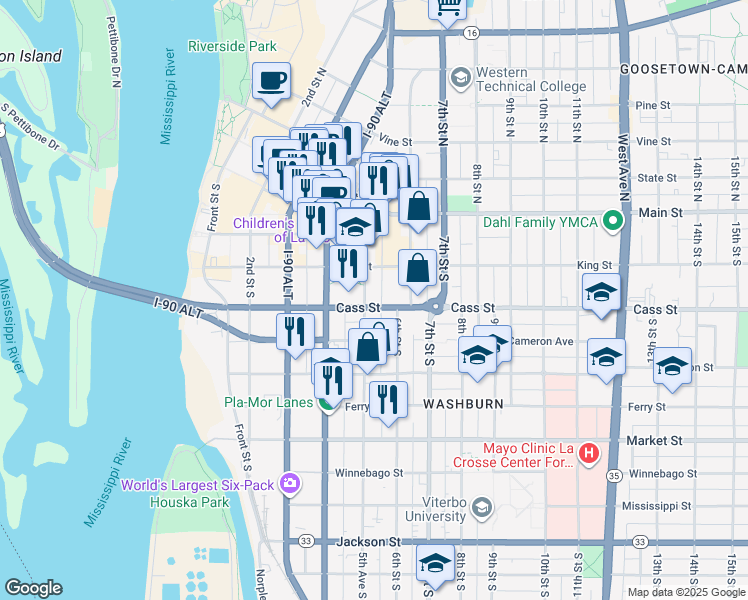 map of restaurants, bars, coffee shops, grocery stores, and more near 511 Cass Street in La Crosse