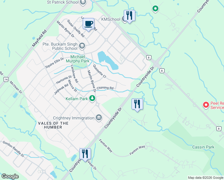 map of restaurants, bars, coffee shops, grocery stores, and more near 29 Chiming Road in Brampton