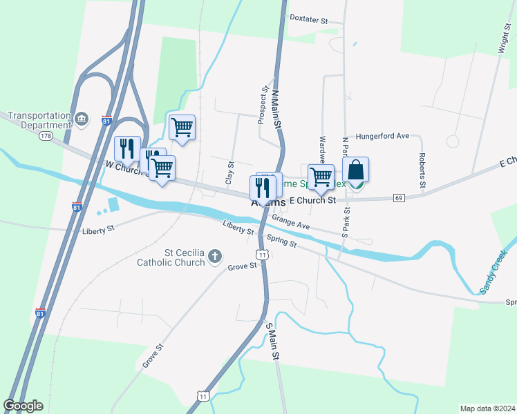 map of restaurants, bars, coffee shops, grocery stores, and more near in Adams