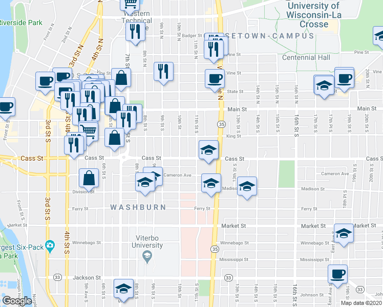 map of restaurants, bars, coffee shops, grocery stores, and more near 237 10th Street in La Crosse