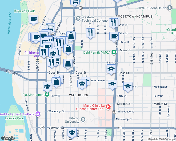map of restaurants, bars, coffee shops, grocery stores, and more near in La Crosse