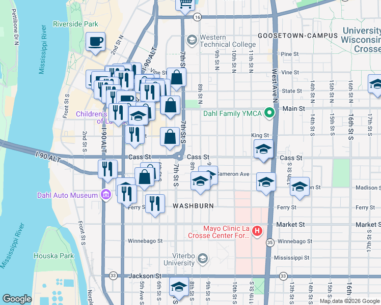 map of restaurants, bars, coffee shops, grocery stores, and more near 709 Cass Street in La Crosse