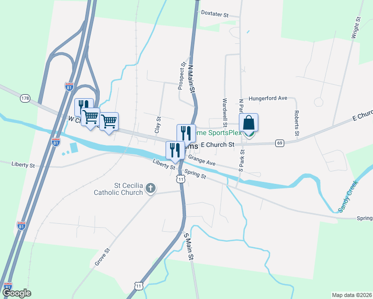 map of restaurants, bars, coffee shops, grocery stores, and more near in Adams