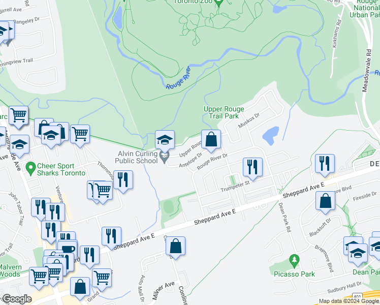 map of restaurants, bars, coffee shops, grocery stores, and more near 89 Upper Rouge Trail in Toronto
