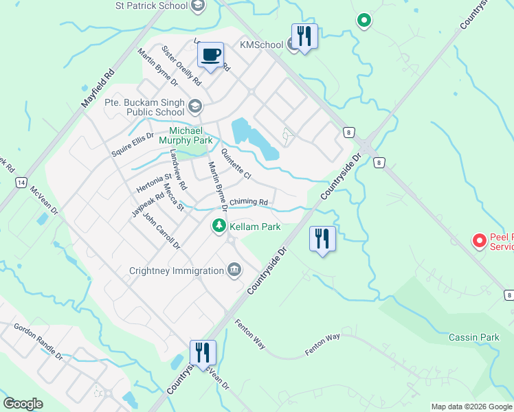 map of restaurants, bars, coffee shops, grocery stores, and more near 23 Chiming Road in Brampton