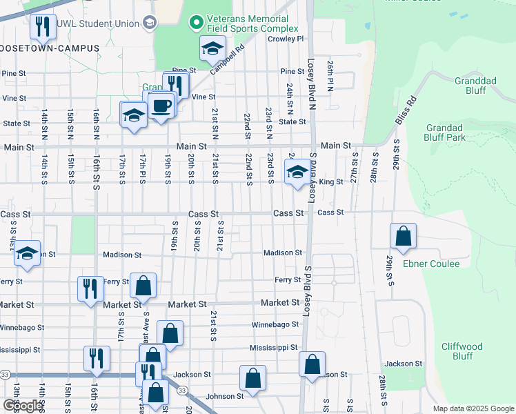 map of restaurants, bars, coffee shops, grocery stores, and more near 2211 Cass Street in La Crosse